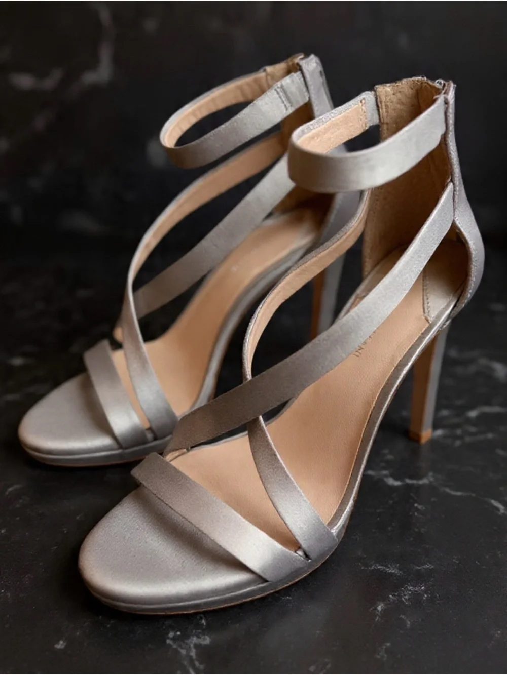 Antonio Melani Silver Rhinestone Strappy Stiletto Peep Toe Heel Zip Leather Sole - Picture 2 of 12